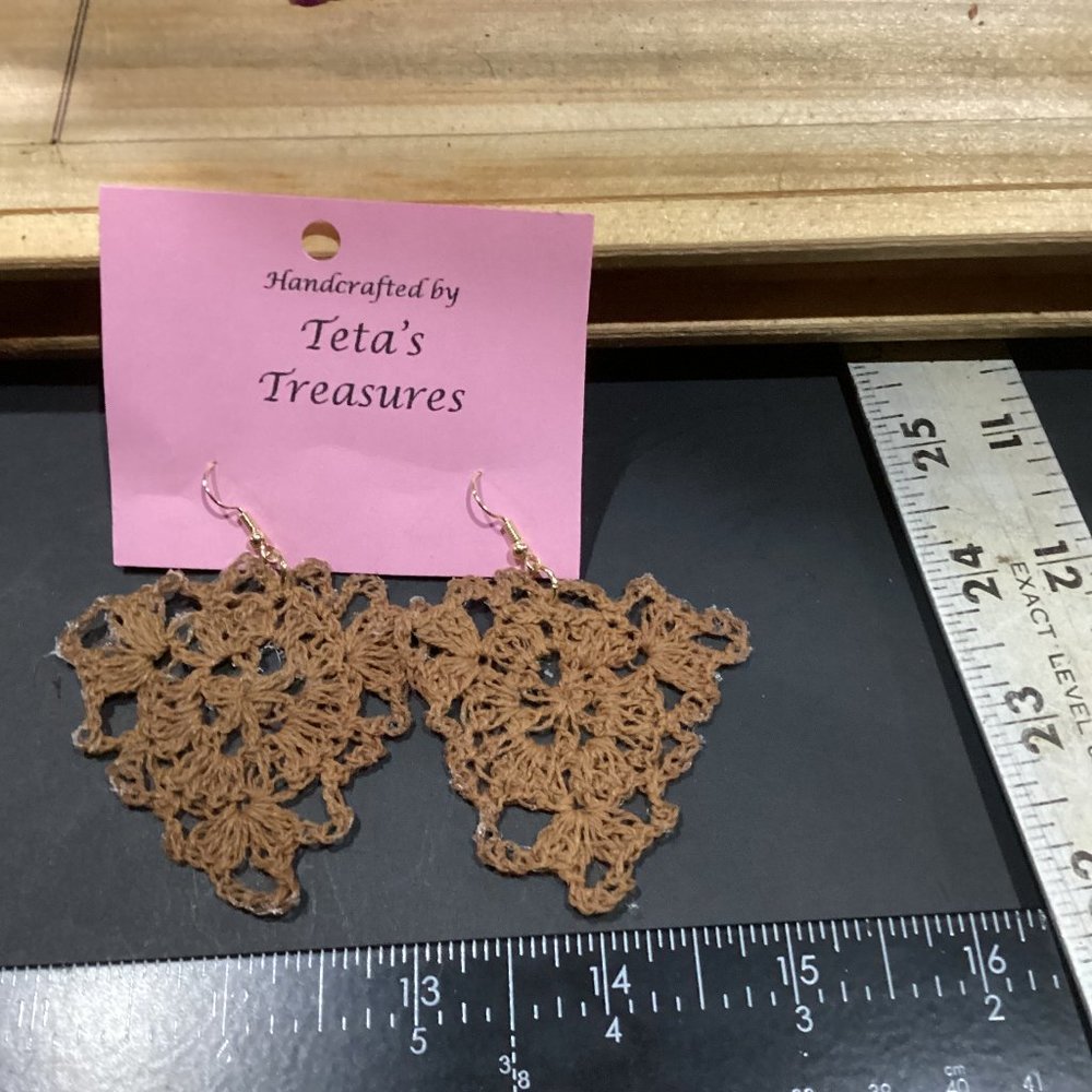 Earrings Darker Mustard Yellowish Brown Triangle Crocheted Crochet Hand Crafted